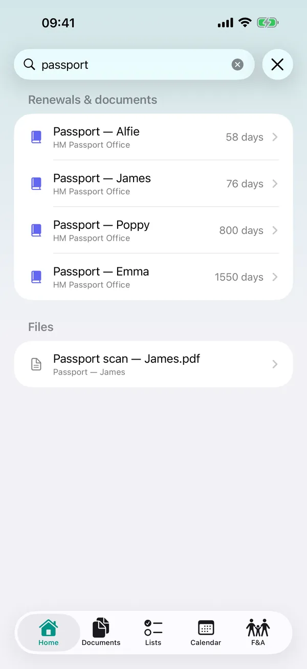 DueOwl search: typing “passport” finds every family member's passport and the scanned file