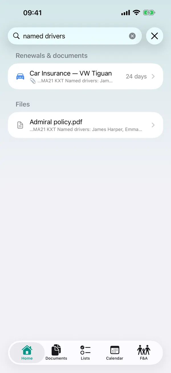Searching “named drivers” in DueOwl finds the car insurance policy by a phrase inside the PDF