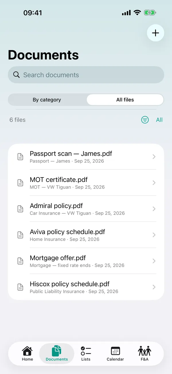 DueOwl Documents tab: every family file in one list — passport scan, MOT certificate, policies, mortgage offer