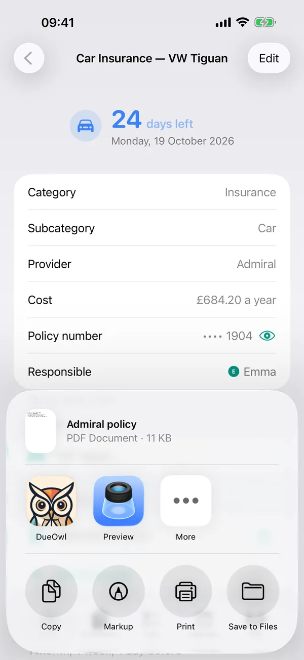 Sending the car insurance policy from DueOwl in one tap