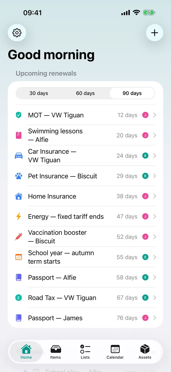 DueOwl home screen listing upcoming renewals