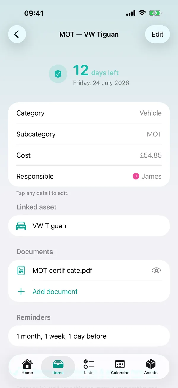 An MOT tracked in DueOwl: days-left countdown, cost, the certificate itself and reminders