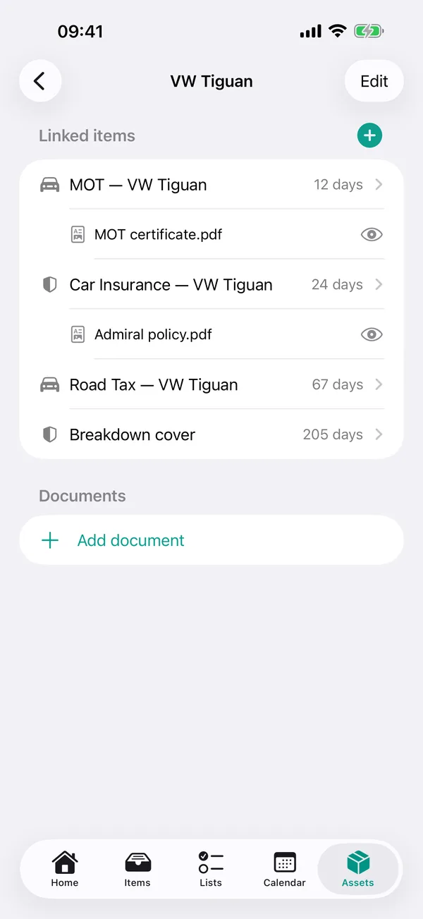 The family car in DueOwl with MOT, tax and insurance linked